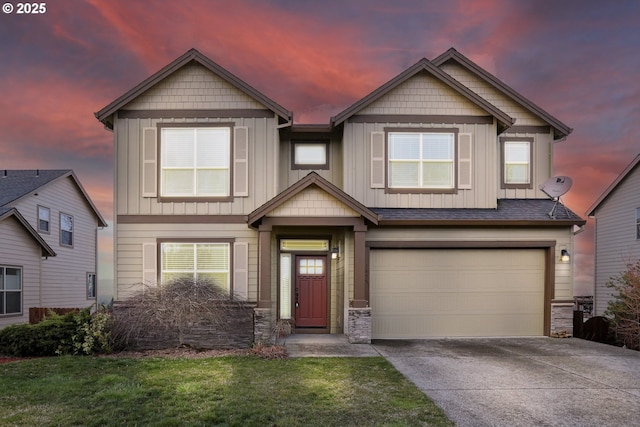 1455 NE Cooper Ln, Estacada, OR 97023 - craftsman-style house with an attached garage, stone siding, board and batten siding, driveway, and a lawn