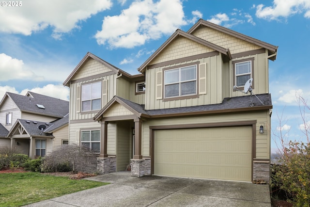 craftsman house featuring driveway, stone siding, roof with shingles, an attached garage, and board and batten siding