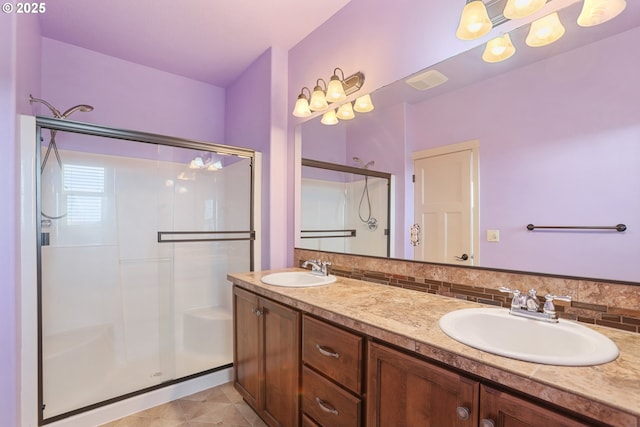 1455 NE Cooper Ln, Estacada, OR 97023 - bathroom featuring decorative backsplash, visible vents, a sink, and a stall shower