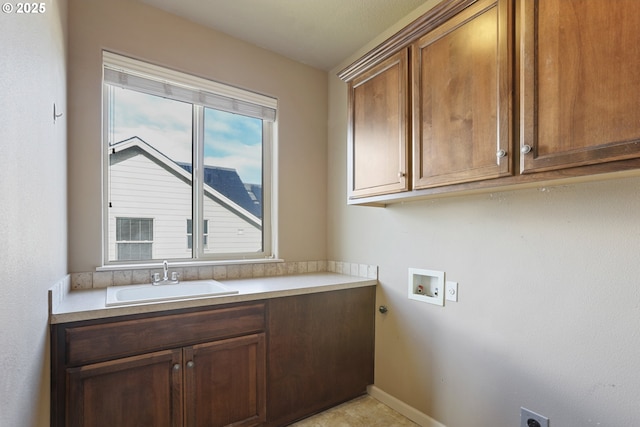 1455 NE Cooper Ln, Estacada, OR 97023 - laundry area featuring washer hookup, baseboards, a sink, electric dryer hookup, and cabinet space