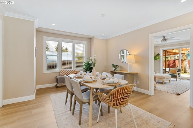 4926 NE 12th Ave, Portland, OR 97211 - dining space with ornamental molding, baseboards, light wood finished floors, ceiling fan, and recessed lighting