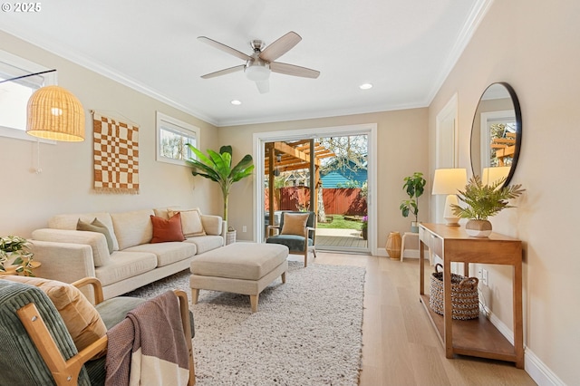 4926 NE 12th Ave, Portland, OR 97211 - living area with light wood-style flooring, ceiling fan, ornamental molding, recessed lighting, and baseboards