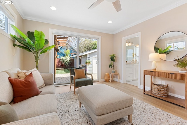 4926 NE 12th Ave, Portland, OR 97211 - living room featuring plenty of natural light, ornamental molding, recessed lighting, light wood-type flooring, and ceiling fan