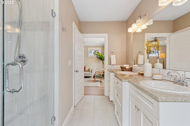 4926 NE 12th Ave, Portland, OR 97211 - full bath with double vanity, a stall shower, tile patterned floors, and ensuite bath