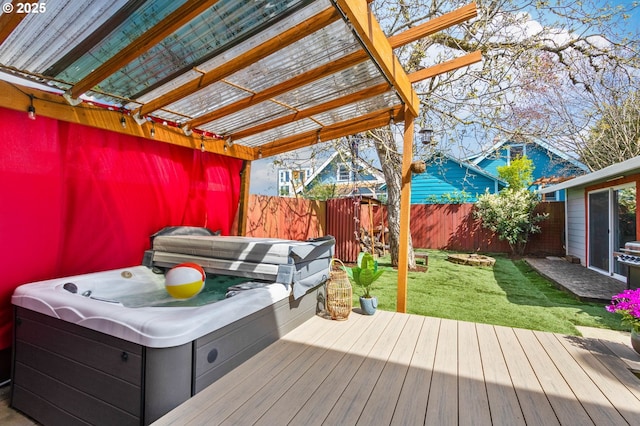 4926 NE 12th Ave, Portland, OR 97211 - wooden terrace featuring a hot tub and a pergola