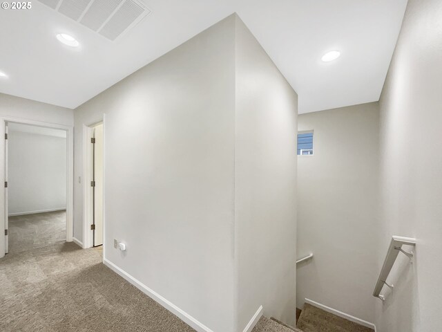 10095 NW Curtis St, North Plains, OR 97133 - hallway with an upstairs landing, carpet, recessed lighting, and baseboards