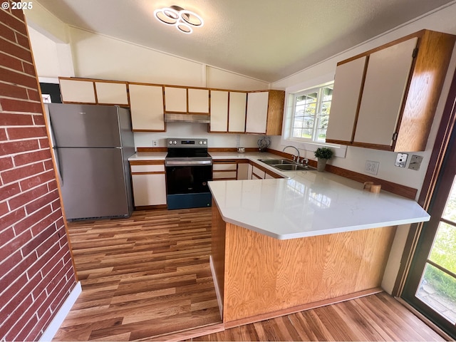 1214 NE Loper Ave, Prineville, OR 97754 - kitchen featuring stainless steel appliances, a sink, wood finished floors, lofted ceiling, and a peninsula