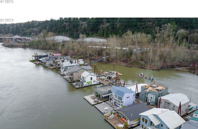 drone / aerial view featuring a water view