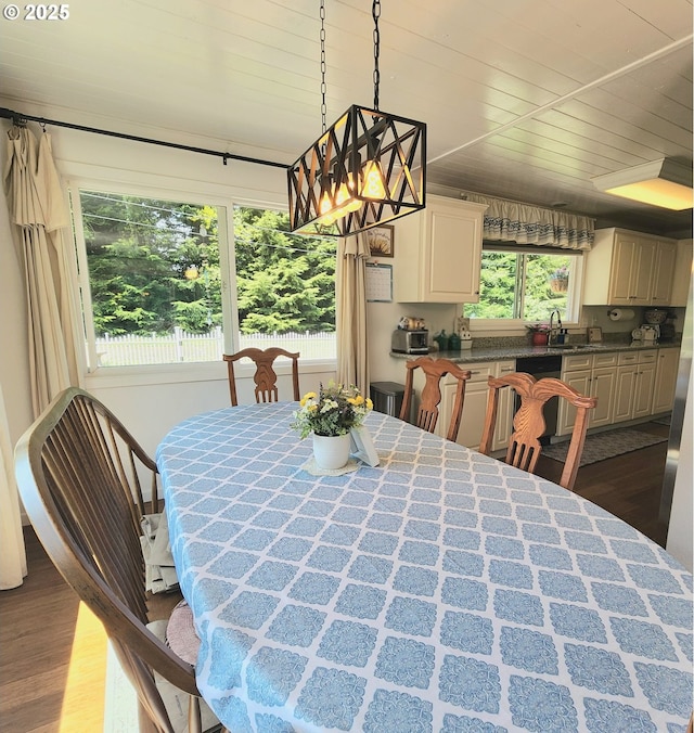 97640 Kadora Ln, North Bend, OR 97459 - dining area with dark wood-style floors and wood ceiling