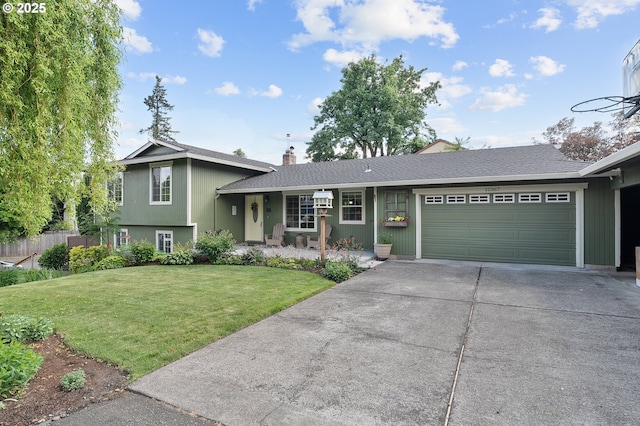 split level home featuring driveway, a garage, a chimney, and a shingled roof