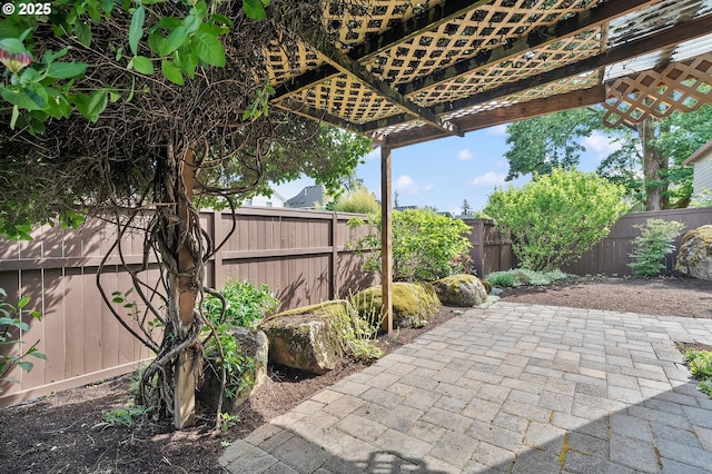 view of patio with a fenced backyard and a pergola