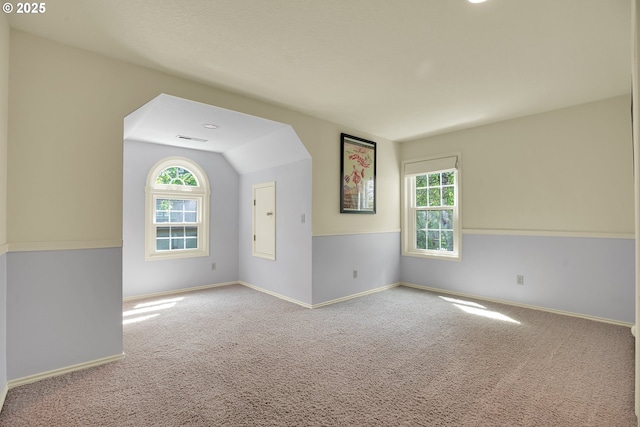 spare room featuring baseboards, visible vents, a wealth of natural light, and carpet