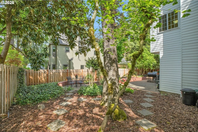 view of yard featuring a fenced backyard, a patio, and outdoor dining space