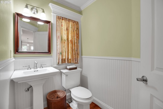 half bathroom featuring a sink, ornamental molding, wainscoting, and toilet