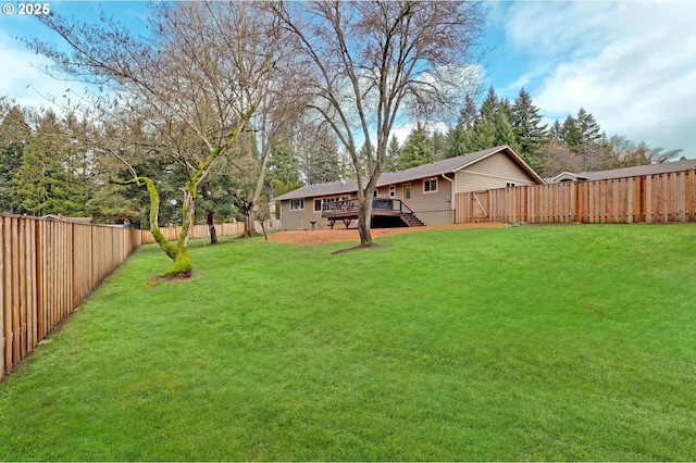 view of yard with a deck and a fenced backyard