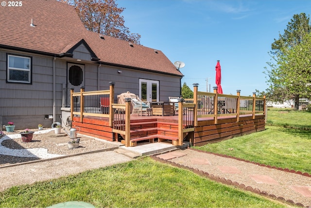 136 Morton Rd, Winlock, WA 98596 - back of property with roof with shingles, a yard, a deck, and french doors