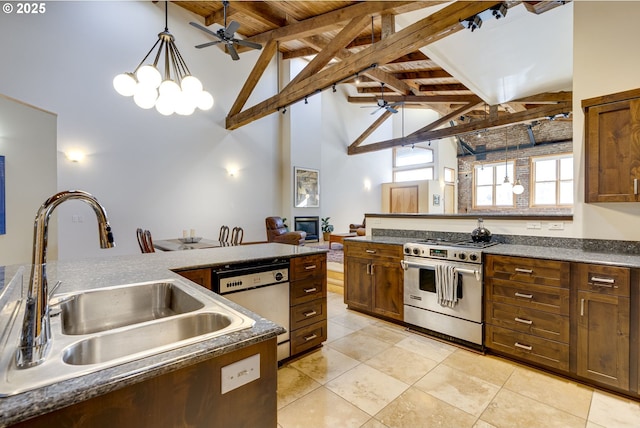 kitchen with dishwasher, beam ceiling, high end stove, a sink, and ceiling fan with notable chandelier