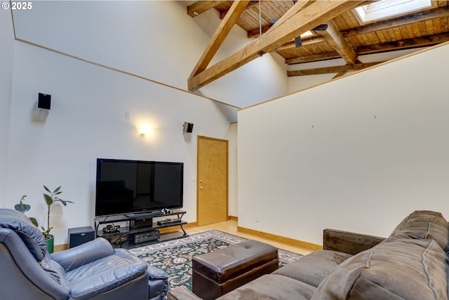 living room with high vaulted ceiling, a skylight, wooden ceiling, and beam ceiling