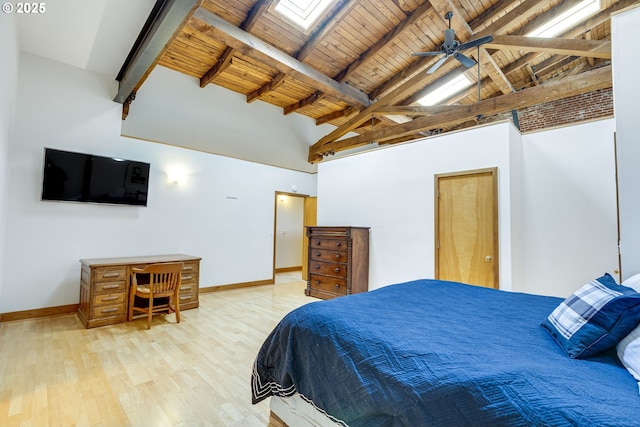 bedroom with high vaulted ceiling, wood ceiling, baseboards, light wood-style floors, and beamed ceiling