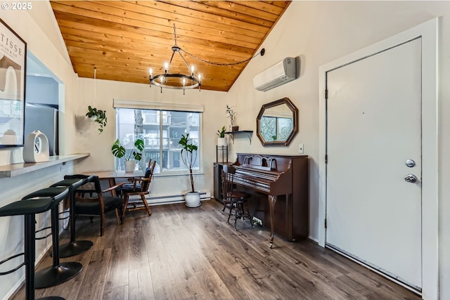 misc room featuring an AC wall unit, lofted ceiling, a chandelier, wood ceiling, and dark wood-type flooring