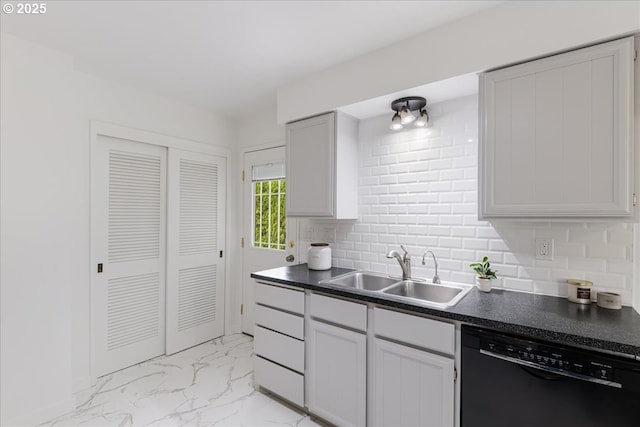 3434 Memorial Park Dr, Longview, WA 98632 - kitchen with black dishwasher, dark countertops, light marble finish floors, and backsplash