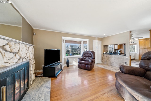 living area with ornamental molding, a fireplace, and light wood finished floors