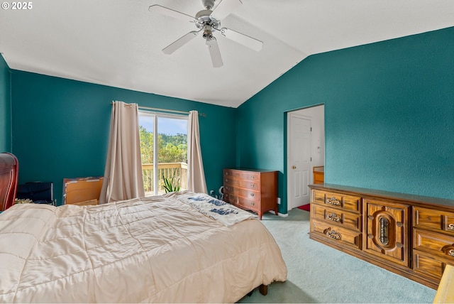 1232 E Fourth Ave, Sutherlin, OR 97479 - carpeted bedroom with vaulted ceiling, access to outside, and a ceiling fan