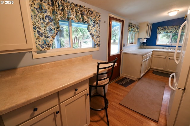 kitchen featuring sink, white fridge, and light hardwood / wood-style flooring