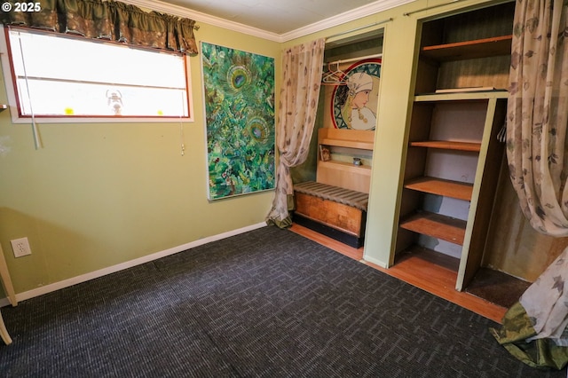 unfurnished bedroom with crown molding and carpet flooring