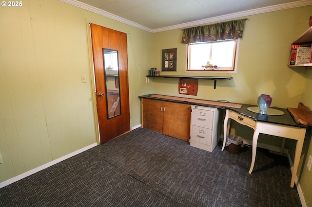 carpeted office space with crown molding