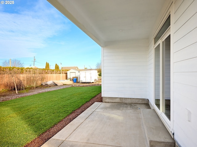 exterior space with a shed