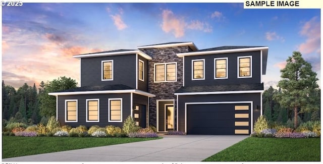 4958 N Adams Ct, Camas, WA 98607 - contemporary home featuring concrete driveway, an attached garage, stone siding, and a front lawn