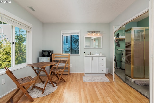 office space featuring sink, light hardwood / wood-style floors, and a textured ceiling