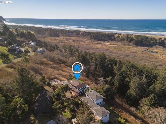 aerial view featuring a beach view and a water view