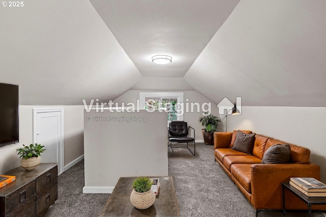 carpeted living room featuring vaulted ceiling