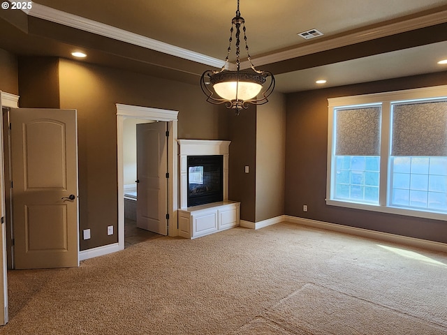 102 Sarah Bear Ln, Winston, OR 97496 - unfurnished living room featuring a multi sided fireplace, baseboards, ornamental molding, carpet flooring, and visible vents