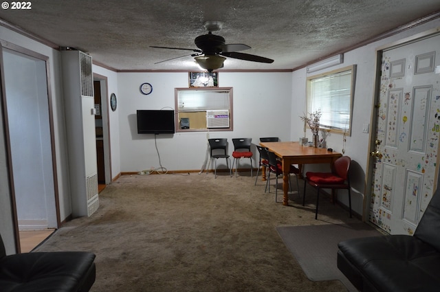 carpeted dining space featuring baseboards, ornamental molding, and a textured ceiling