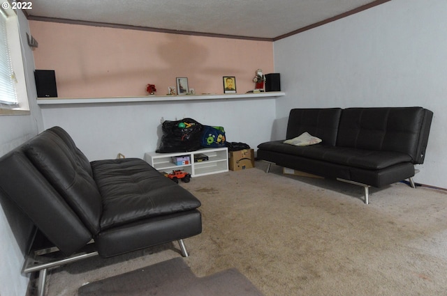 living room with carpet floors and ornamental molding