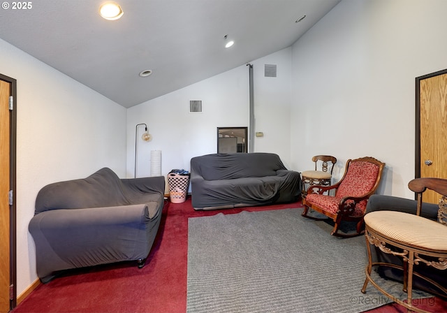 5740 NE Lombard St, Portland, OR 97218 - living area featuring lofted ceiling, carpet flooring, and recessed lighting
