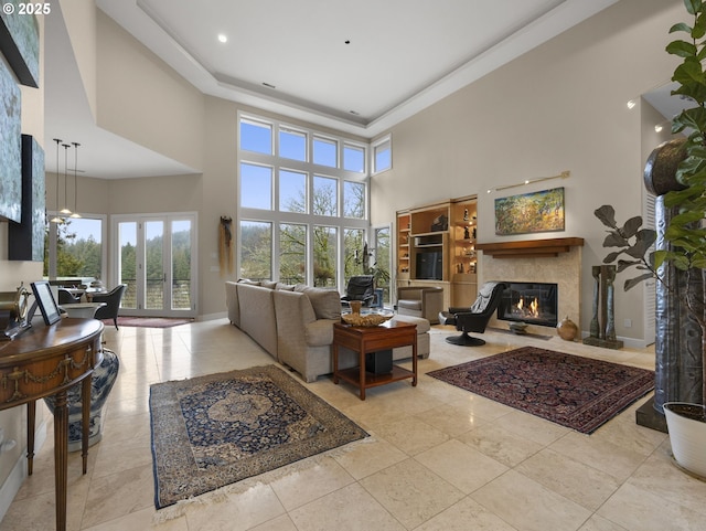 living room with a high ceiling