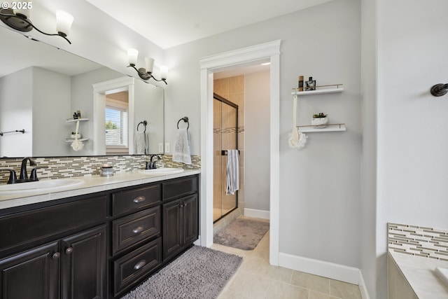 132 N 39th Ct, Ridgefield, WA 98642 - full bathroom featuring decorative backsplash, a shower stall, double vanity, a bathtub, and tile patterned floors