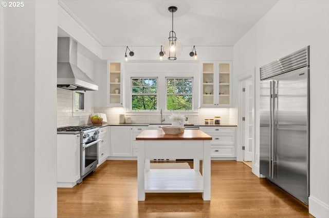 1965 SW Montgomery Pl, Portland, OR 97201 - kitchen featuring premium appliances, wall chimney range hood, a sink, and tasteful backsplash