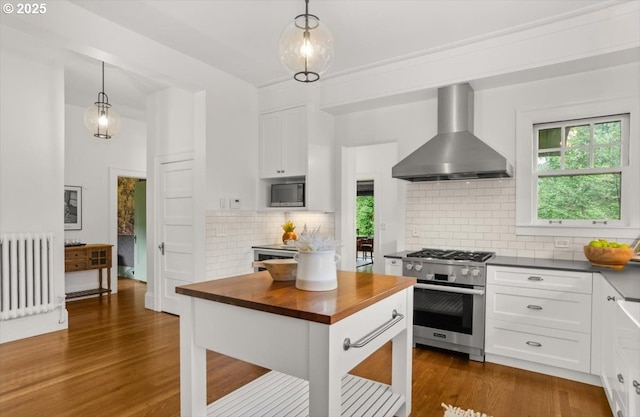 1965 SW Montgomery Pl, Portland, OR 97201 - kitchen featuring wall chimney range hood, stainless steel appliances, radiator heating unit, wood counters, and white cabinets