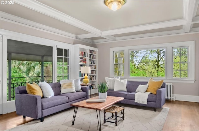 1965 SW Montgomery Pl, Portland, OR 97201 - living area with radiator, coffered ceiling, light wood-style floors, beamed ceiling, and ornamental molding