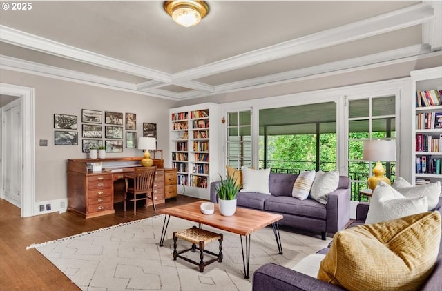 1965 SW Montgomery Pl, Portland, OR 97201 - living room featuring ornamental molding, wood finished floors, an office area, coffered ceiling, and beam ceiling