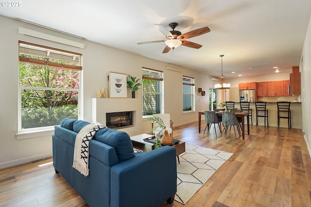 living area featuring a wealth of natural light, a glass covered fireplace, light wood-style flooring, and ceiling fan with notable chandelier