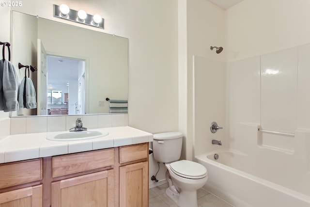 bathroom with shower / bathtub combination, vanity, toilet, and tile patterned floors