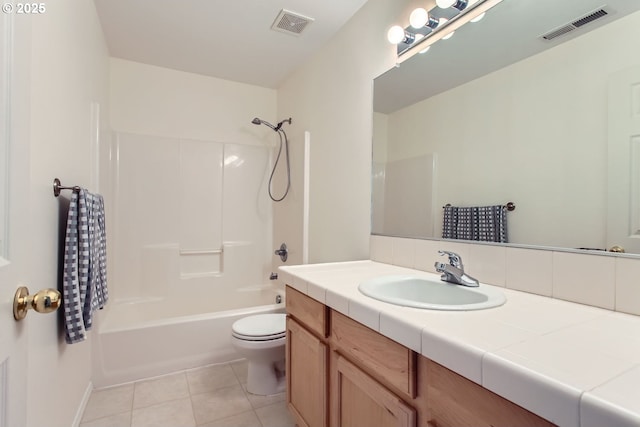 full bath with toilet, tile patterned flooring, visible vents, and vanity