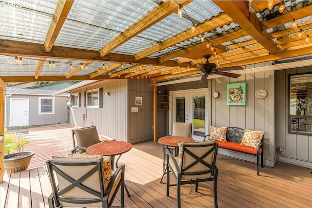 14797 SW Willamette St, Sherwood, OR 97140 - wooden deck with ceiling fan, a pergola, french doors, and a shed