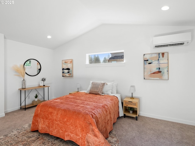 bedroom with lofted ceiling, carpet floors, and a wall mounted air conditioner